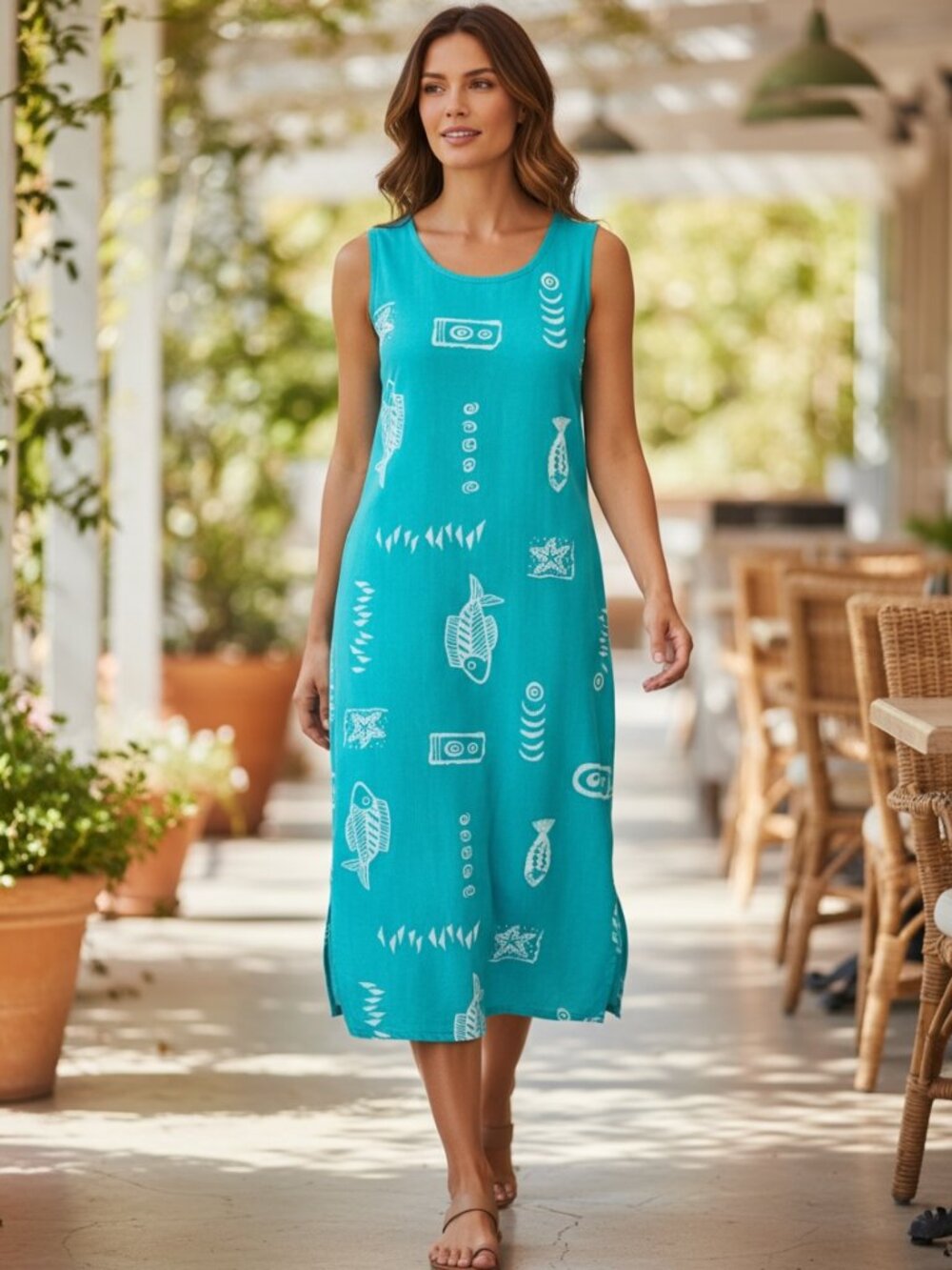 EXIST Cotton Casual Beach Ocean-Fish Print Relaxed Midi Dress M Turquoise #277G‎